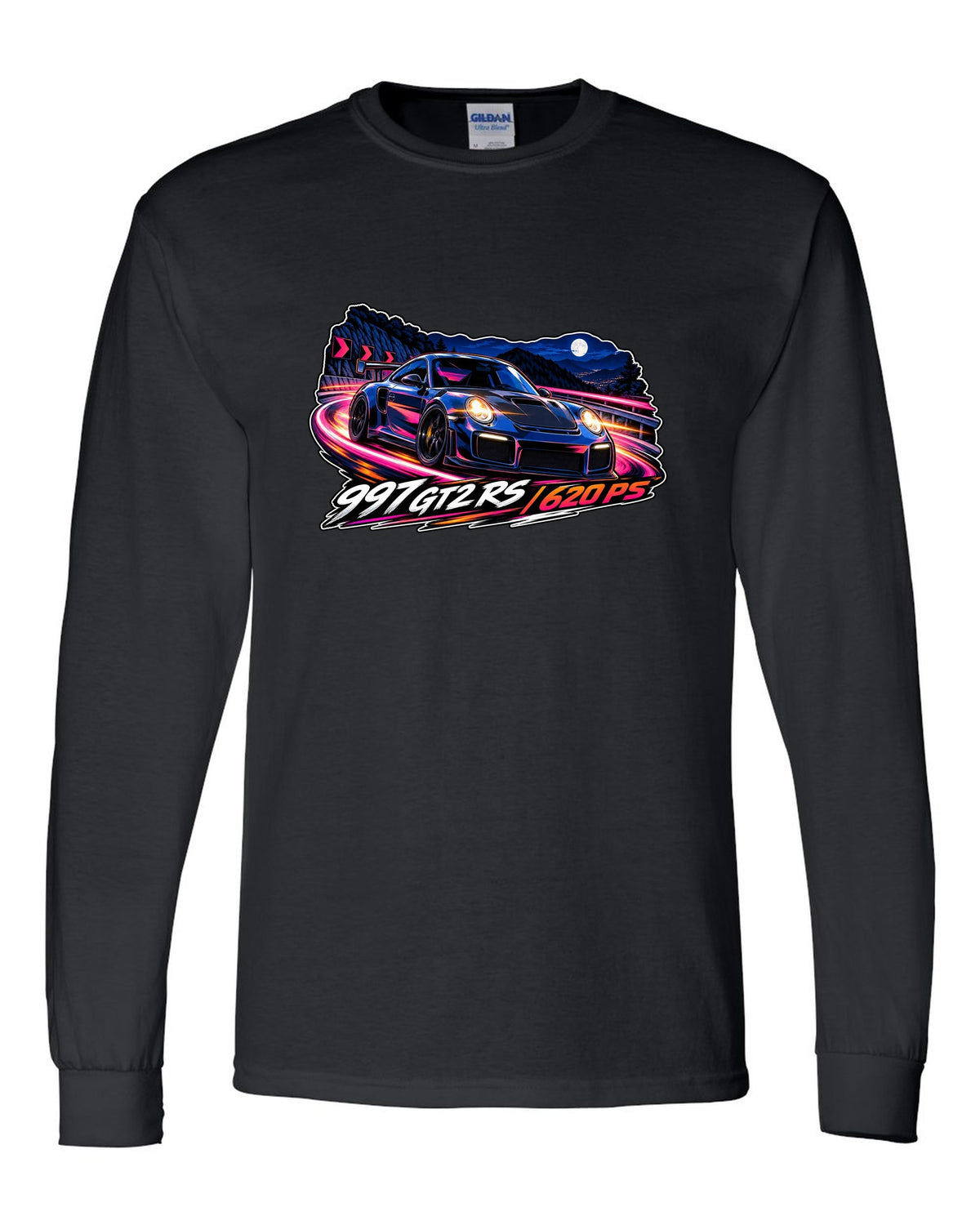 Cel-shaded anime night touge design featuring the Porsche 997 GT2 RS with 620 PS lettering black long sleeve front view with the design