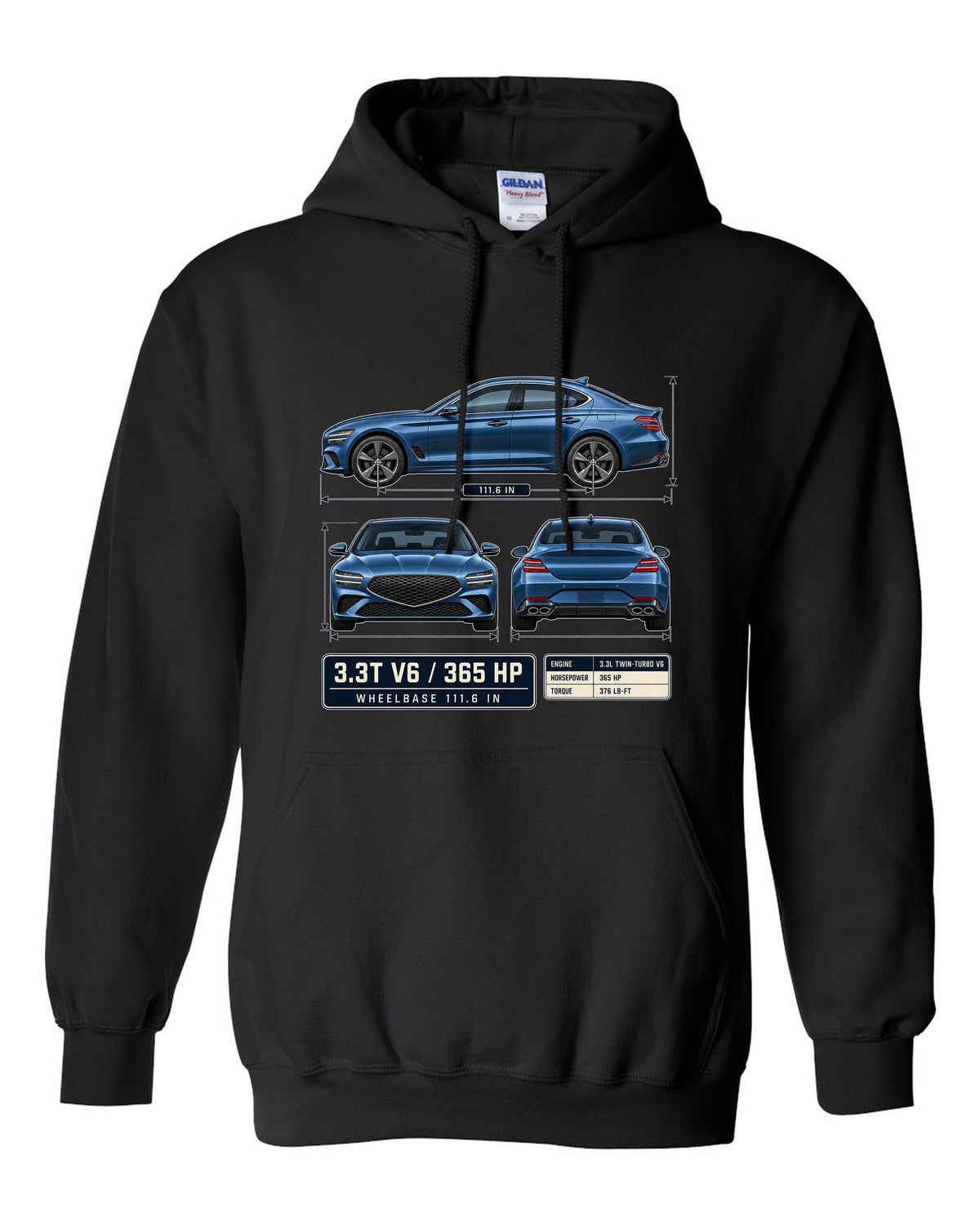 Dimension blueprint print of the Genesis G70 3.3T with V6 and 365 HP callouts black pull over hoodie front view with the design