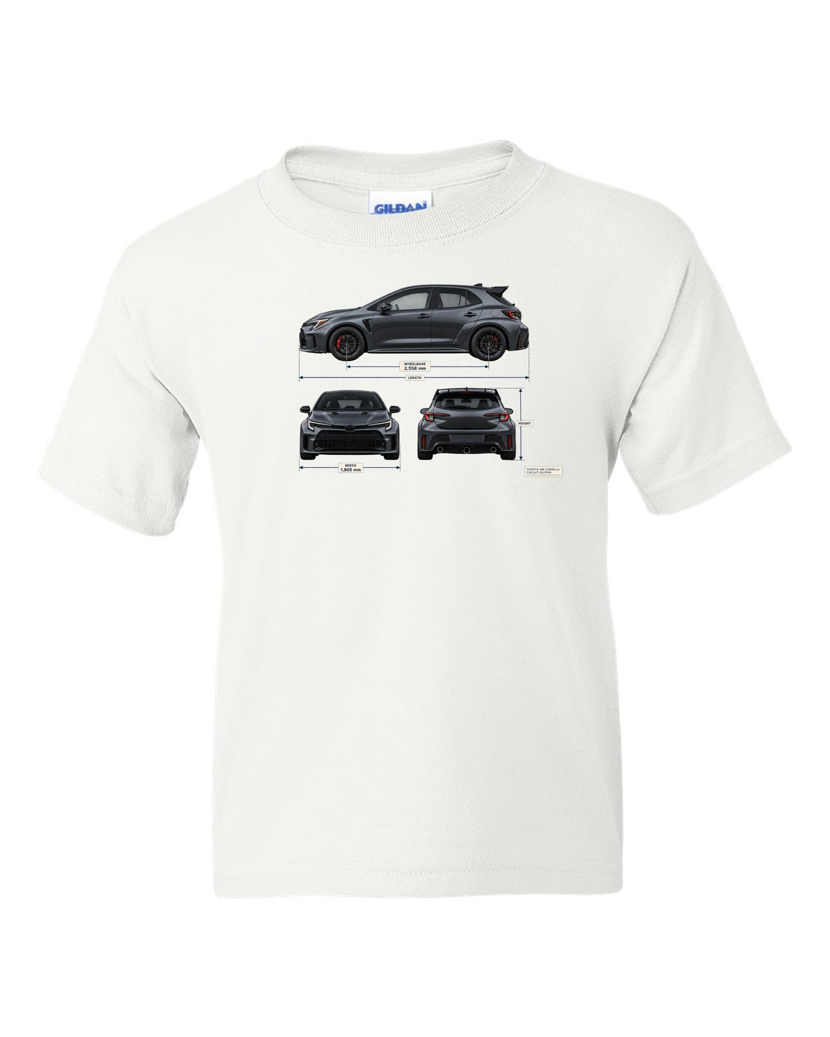 Toyota GR Corolla Core chback in Heavy Metal grey-blue with editorial headline text white kids tee front view with the design