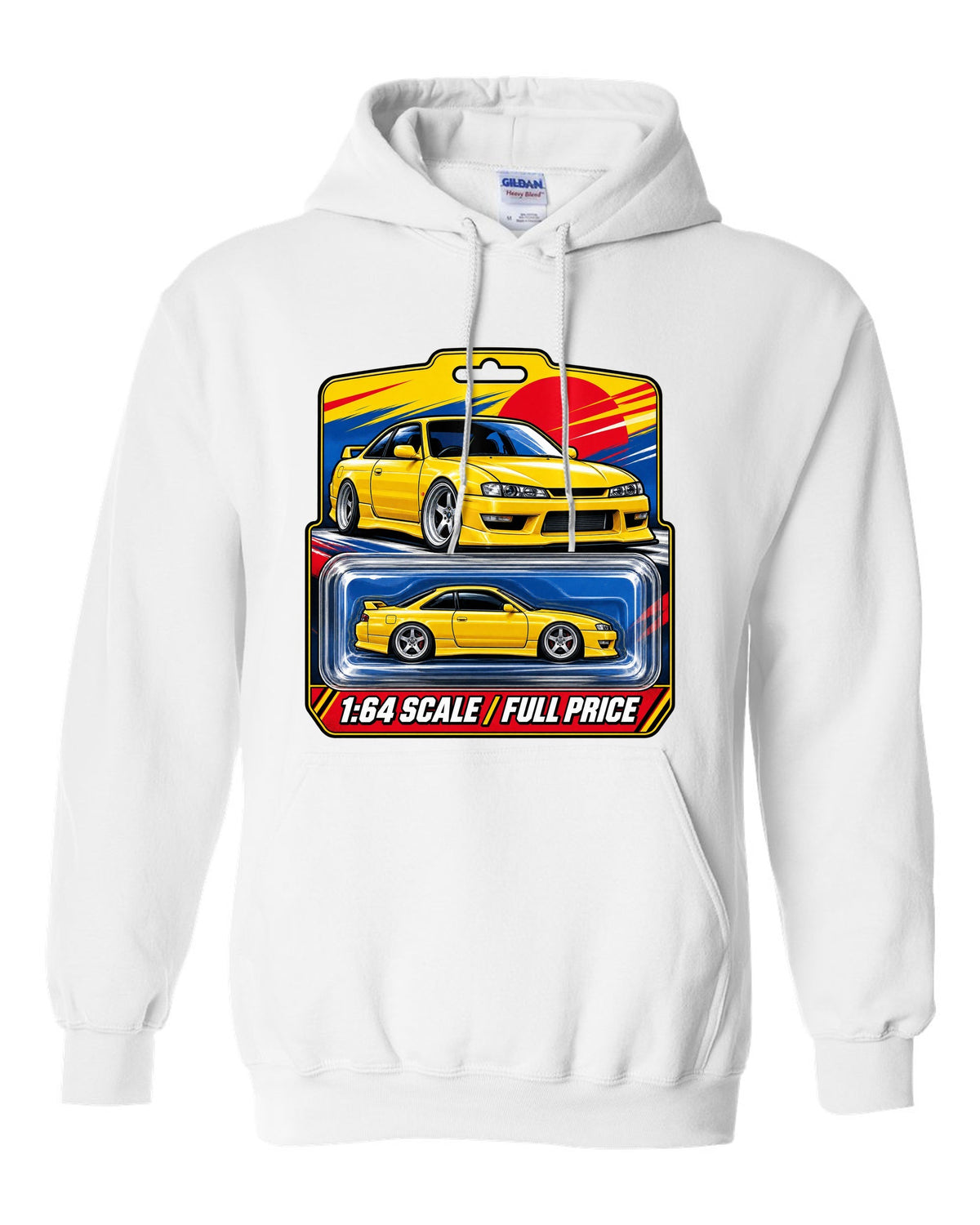 Toy blister card layout print of a Nissan Silvia S14 with 1:64 scale full price text white pull over hoodie front view with the design