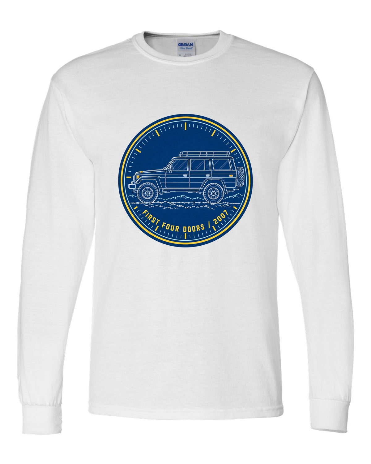Jeep Wrangler JKU cyanotype blueprint design reading first four doors 2007 white long sleeve front view with the design