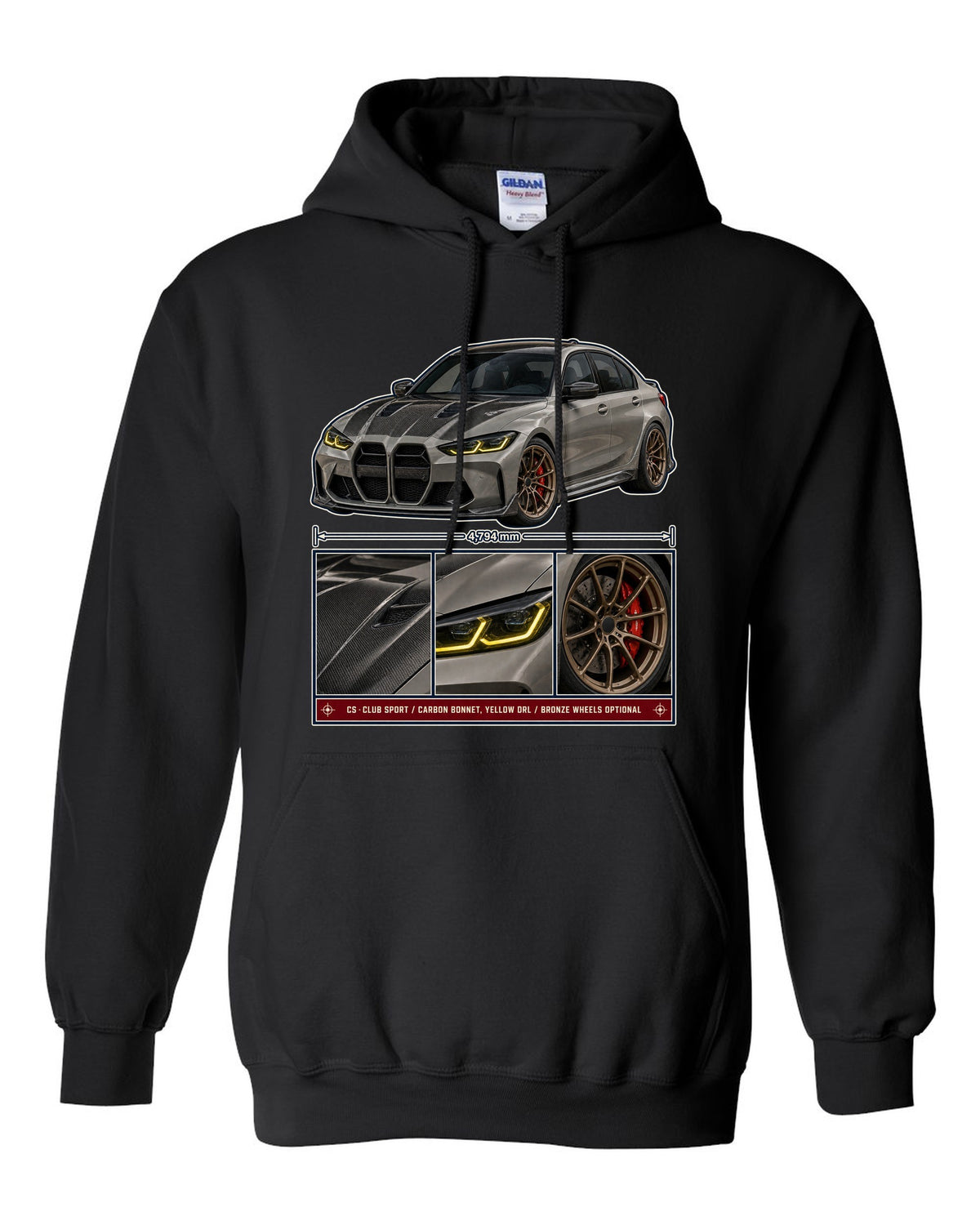 BMW M3 CS G80 dossier panels print design black pull over hoodie front view with the design