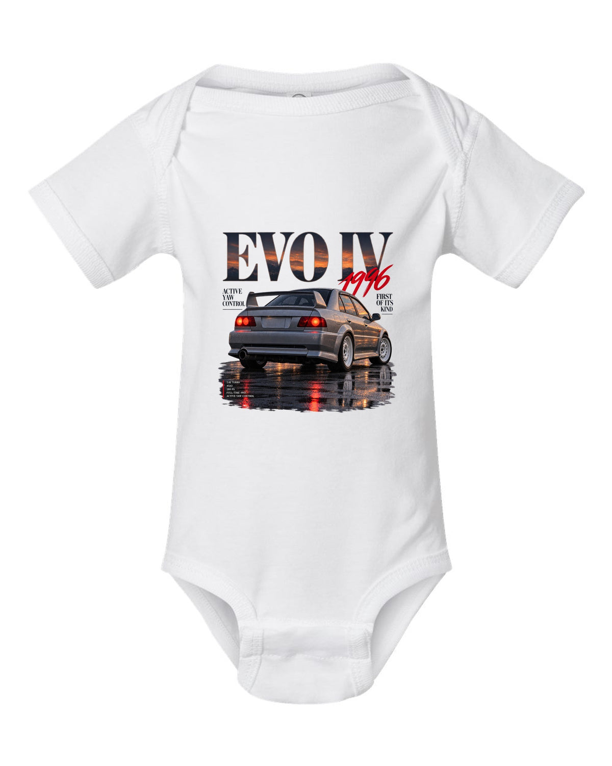 Editorial headline print for the Mitsubishi Lancer Evolution IV CN9A reading Active Yaw Control, first of its kind, 1996 white baby onesie front view with the design