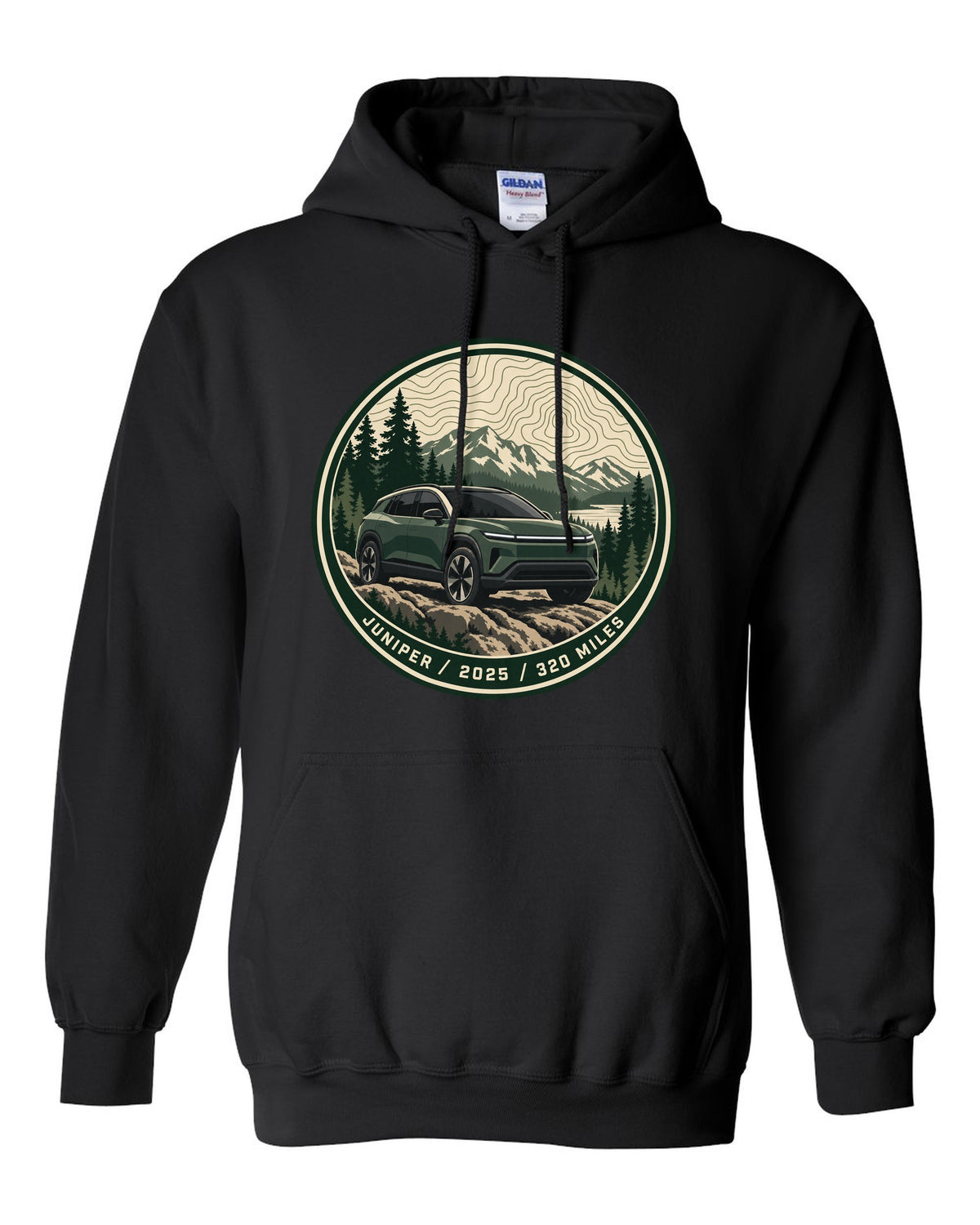 Topographic contour map trail badge print for a Tesla Model Y Juniper reading Juniper 2025 320 Miles black pull over hoodie front view with the design