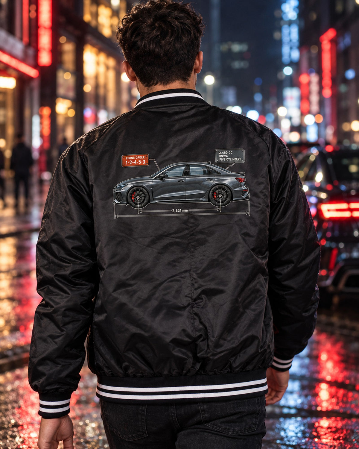 Audi RS3 8Y Five-Cylinder Firing Order Blueprint Shirt Bomber Jacket Black worn hero