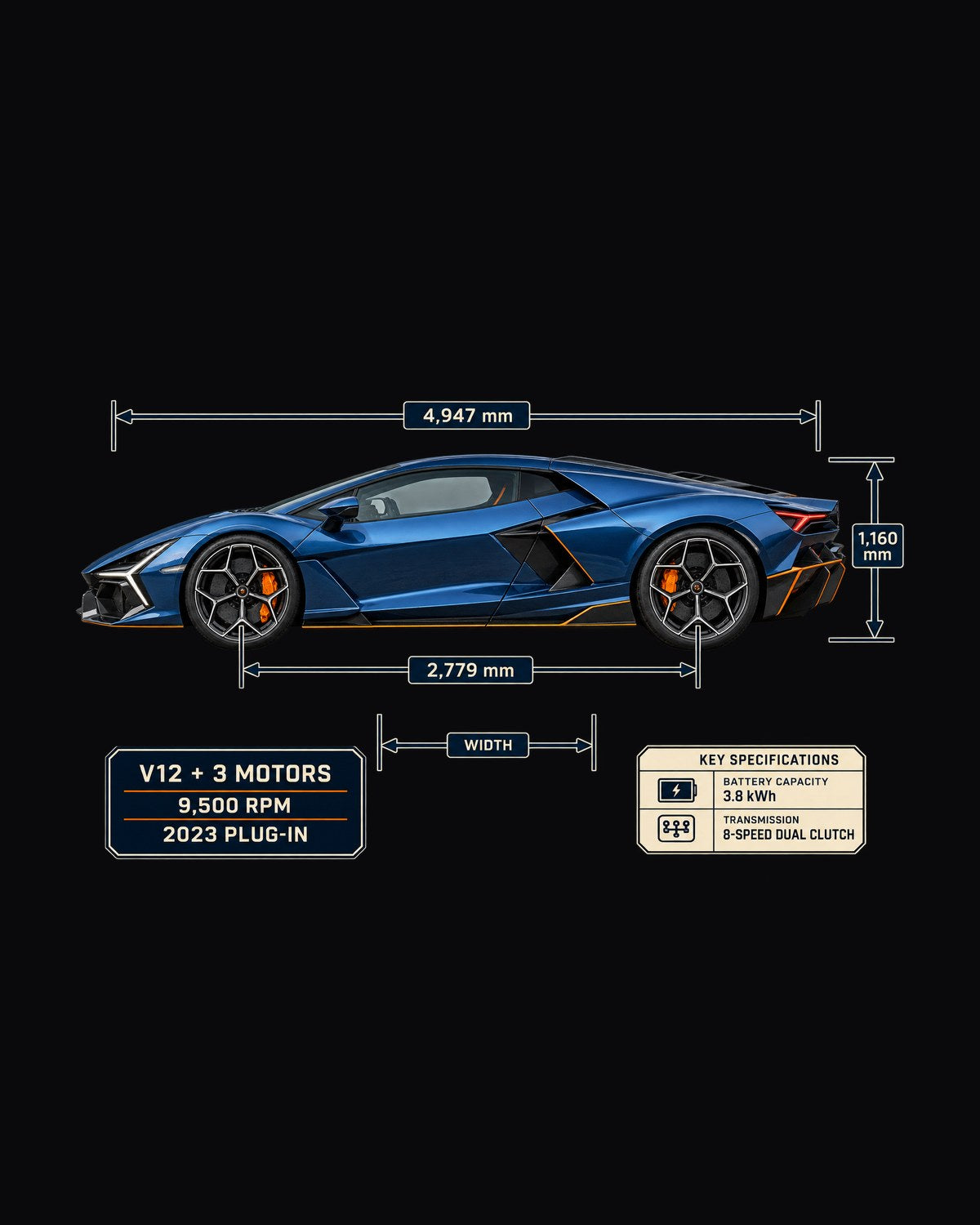 Lamborghini Revuelto Dimension Blueprint Shirt, V12 Hybrid design only