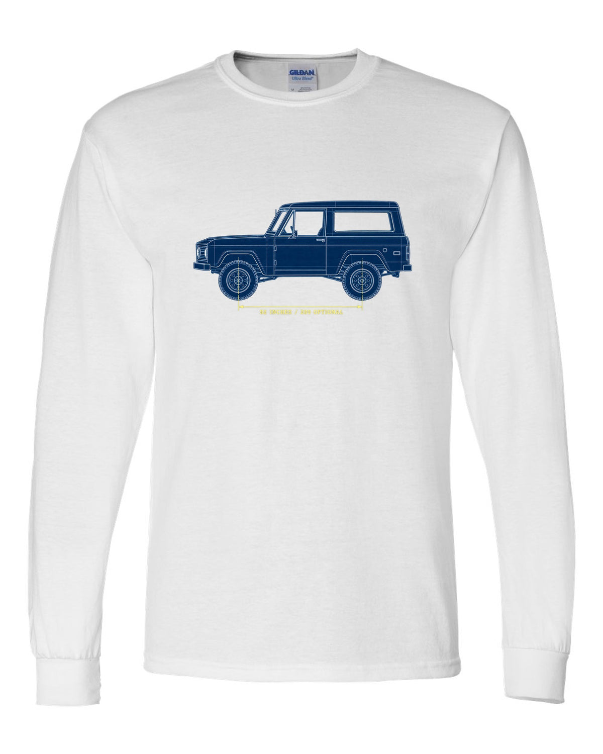 Patent-sheet blueprint drawing of a 1966-77 Ford Bronco U15 wagon with 92 INCHES and 289 OPTIONAL notes white long sleeve front view with the design