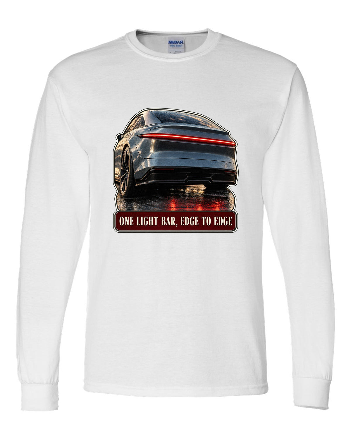 Taillight macro print of a Lucid Air Sapphire with a single light bar white long sleeve front view with the design