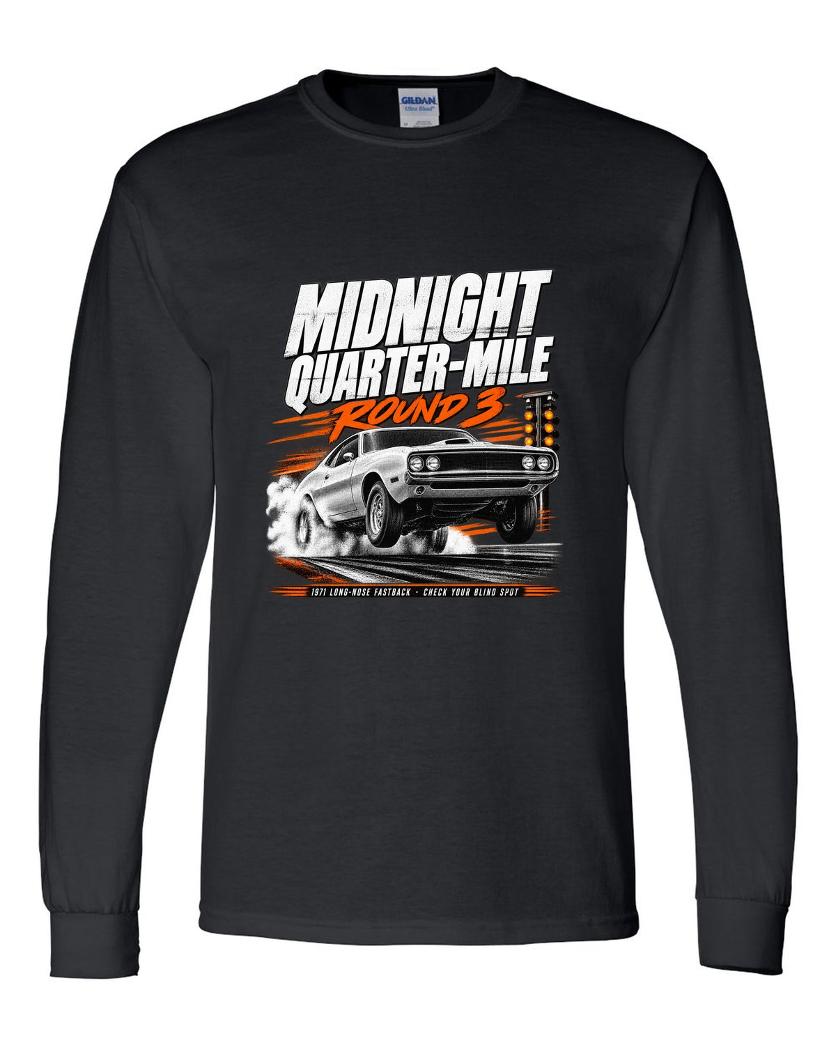 Race poster illustration of a 1971 Ford Mustang long-nose fastback titled midnight quarter-mile black long sleeve front view with the design