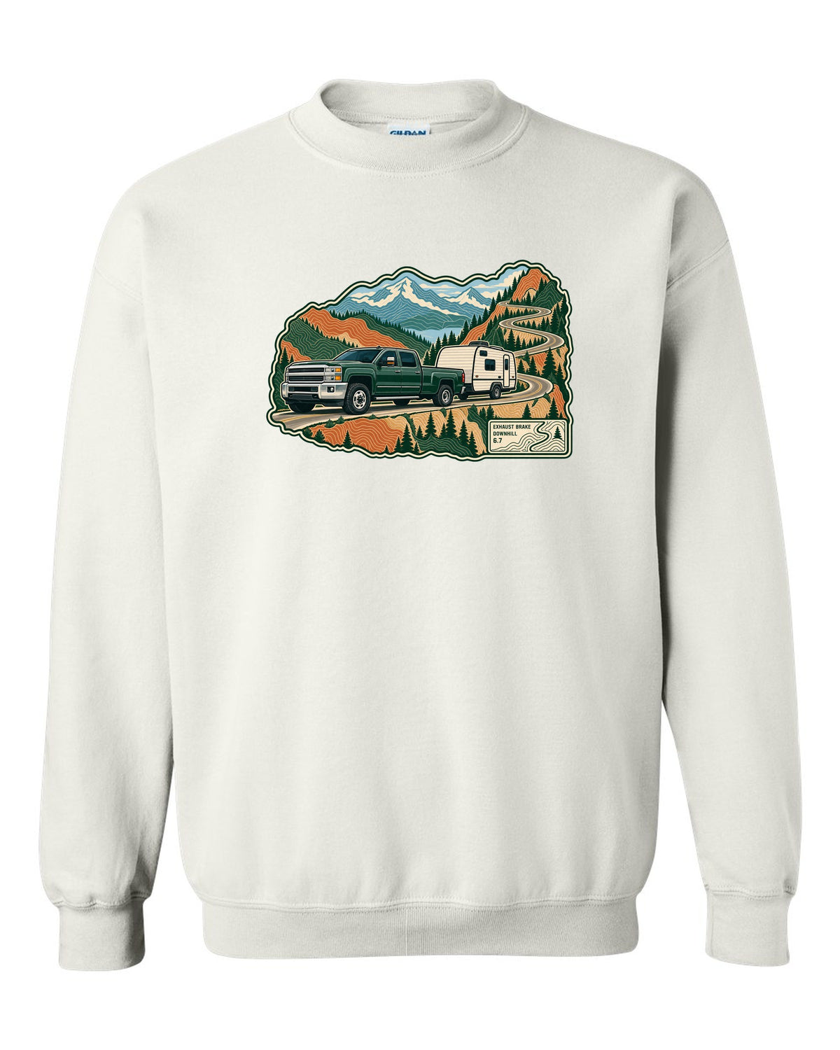 Topographic mountain pass print with a 2010-2018 Ram 2500 6.7 Cummins towing a camper white crewneck front view with the design
