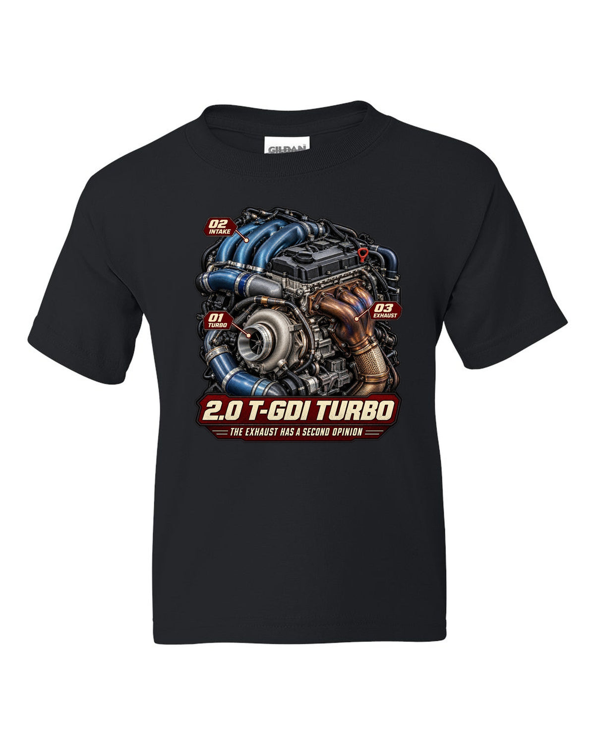 Hyundai Elantra N 2.0 T-GDI turbo engine illustration, print black kids tee front view with the design