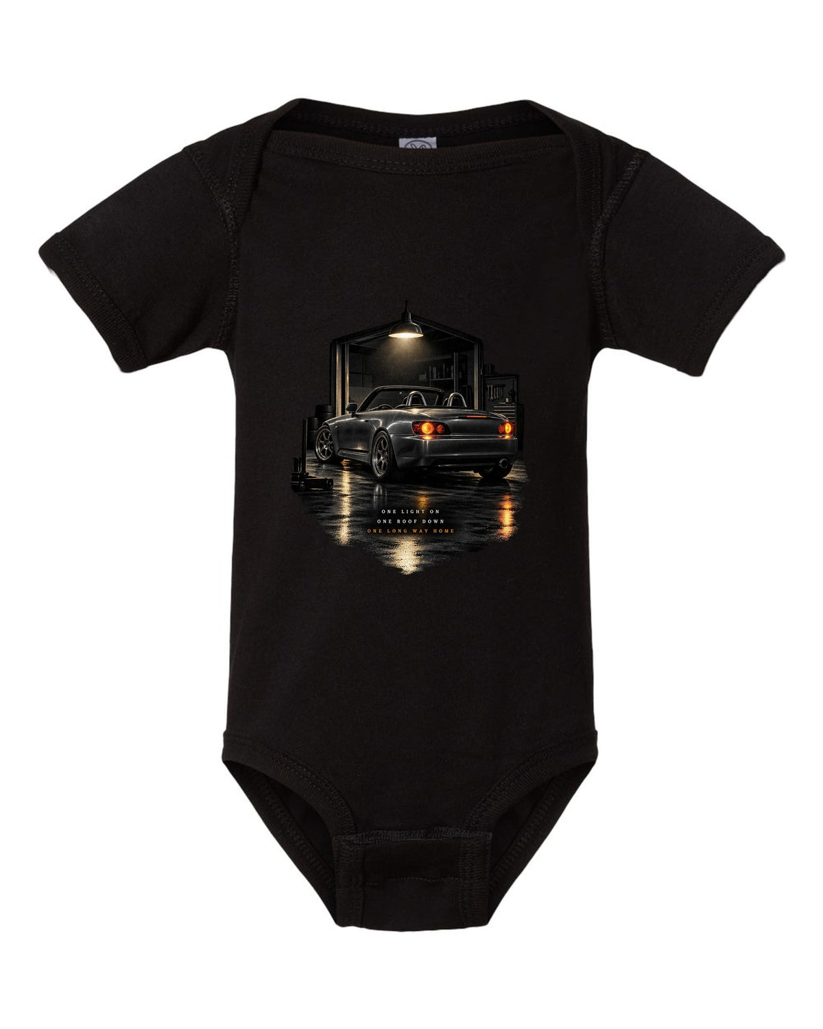 Honda S2000 AP1 roadster garage night design with roof down long way home text black baby onesie front view with the design