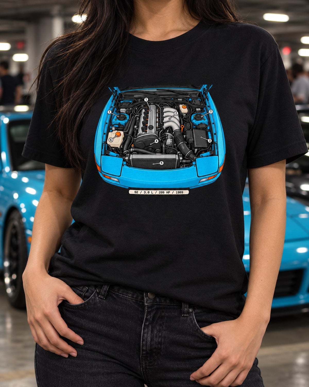 Porsche 944 S2 Engine Bay Callout Diagram Shirt, 1989 T-Shirt Black worn hero