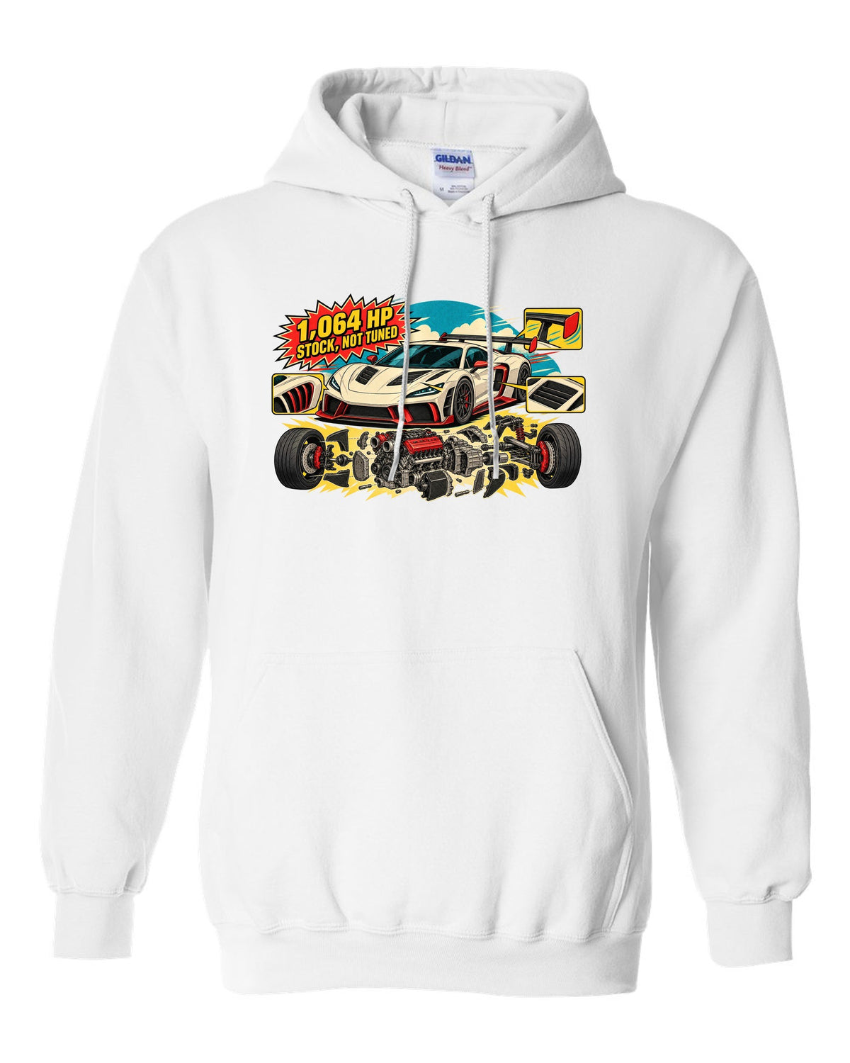 Exploded flat-plane V8 engine schematic with a 2023 C8 Corvette Z06 white pull over hoodie front view with the design