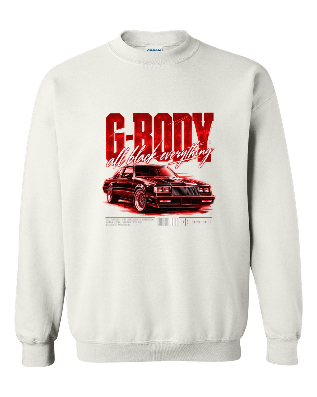 print street poster of an all black Buick Regal G-body coupe 1984-87 white crewneck front view with the design