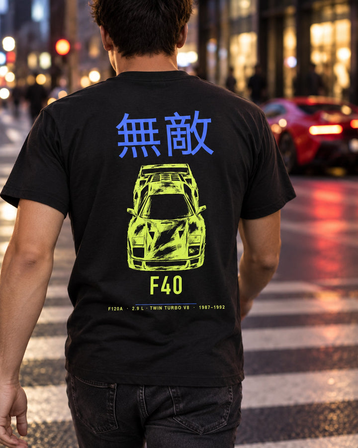 F40 F120A Full-Back Graphic Tee T-Shirt Black worn hero