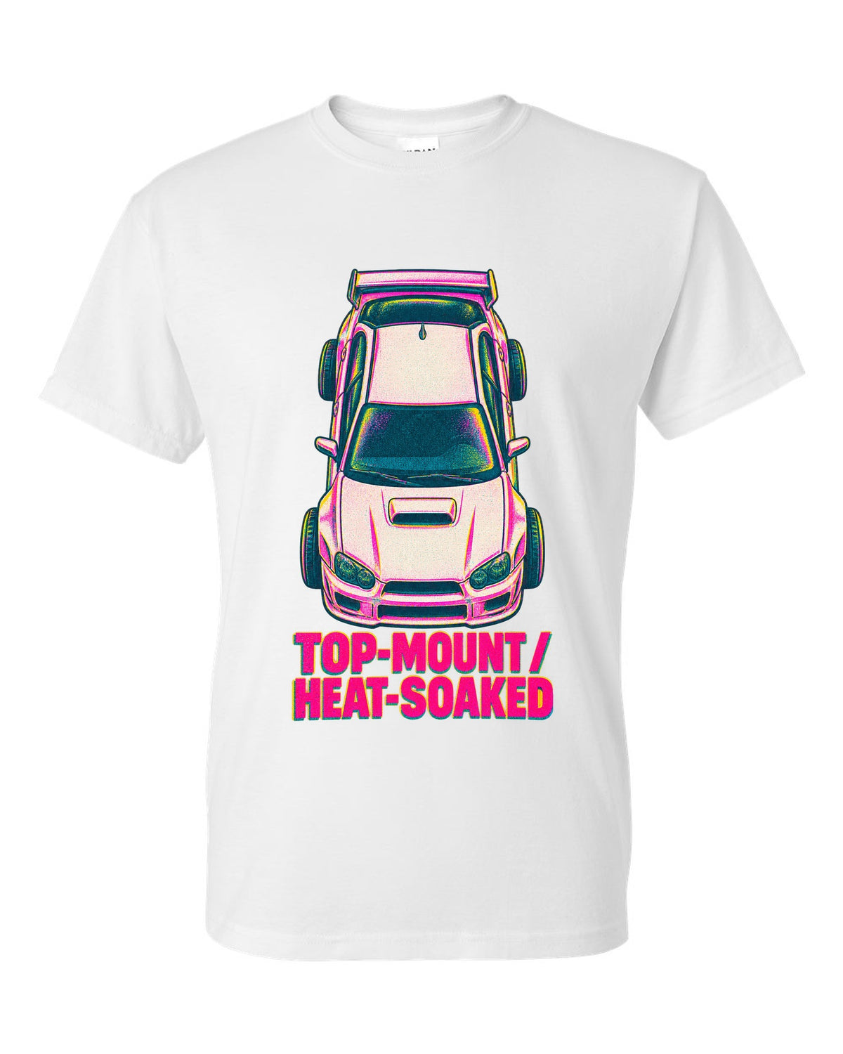 Risograph top view of a Subaru Impreza WRX GDB Blobeye with heat-soaked text white t-shirt front view with the design