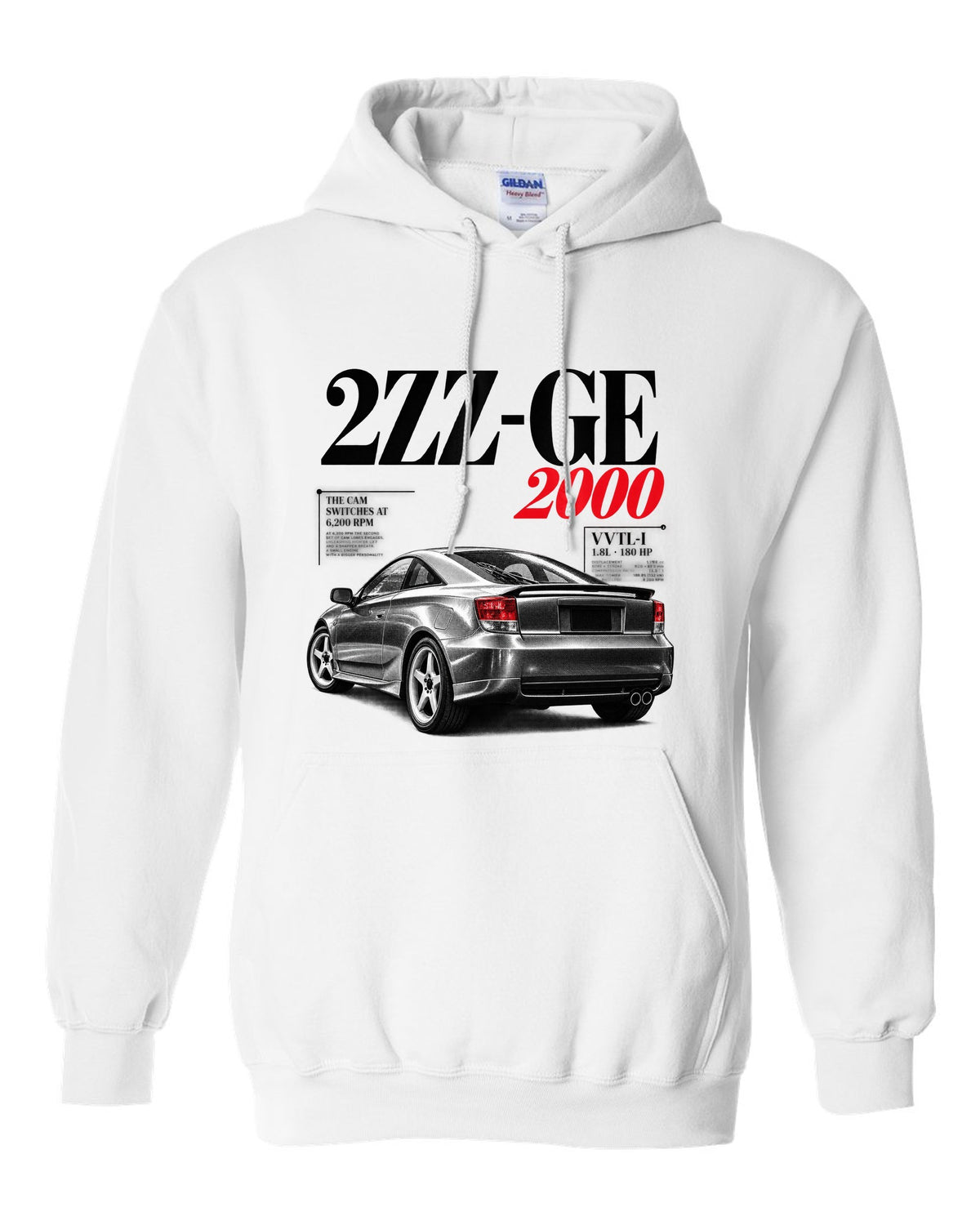 Editorial headline print of a Toyota Celica ZZT231 with 2ZZ-GE cam switches at 6,200 rpm white pull over hoodie front view with the design