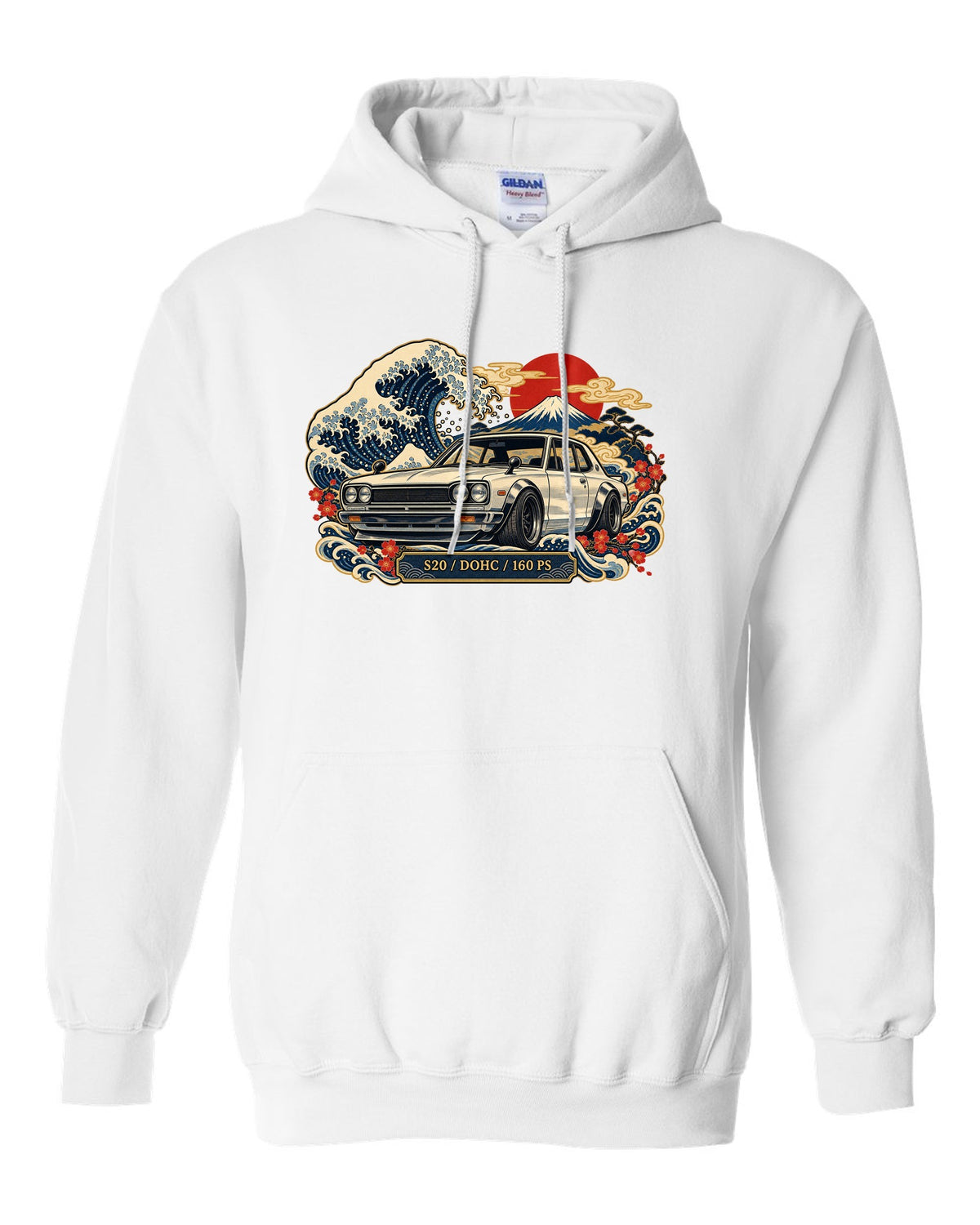 Ukiyo-e woodblock wave print of the Skyline 2000GT-R Hakosuka KPGC10 with S20 DOHC 160 PS lettering white pull over hoodie front view with the design