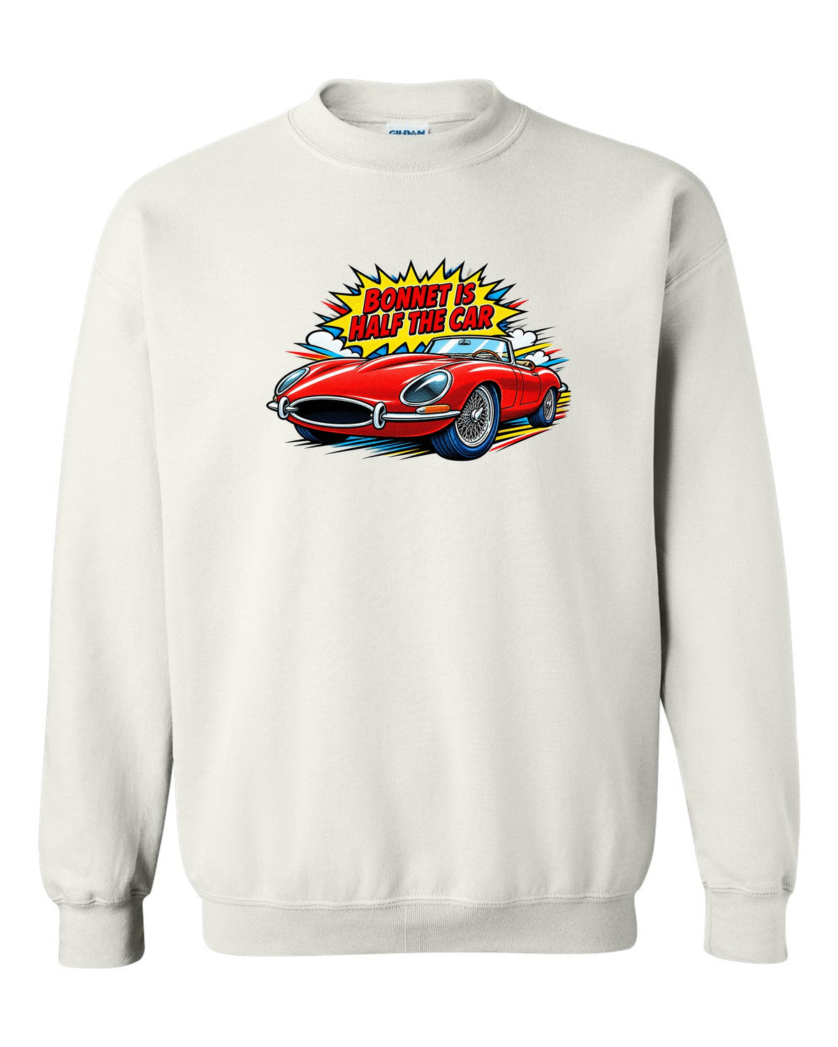 Comic halftone pop art print of a 1961 Jaguar E-Type Series 1 with bonnet is half the car lettering white crewneck front view with the design