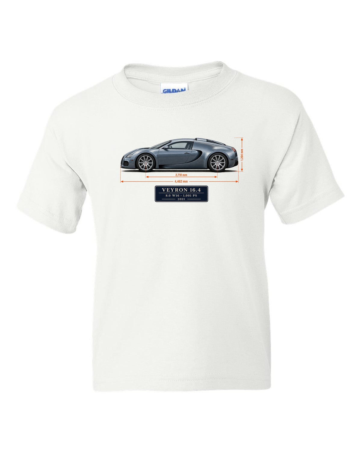 Bugatti Veyron 16.4 dimension blueprint print with size and engine specs white kids tee front view with the design