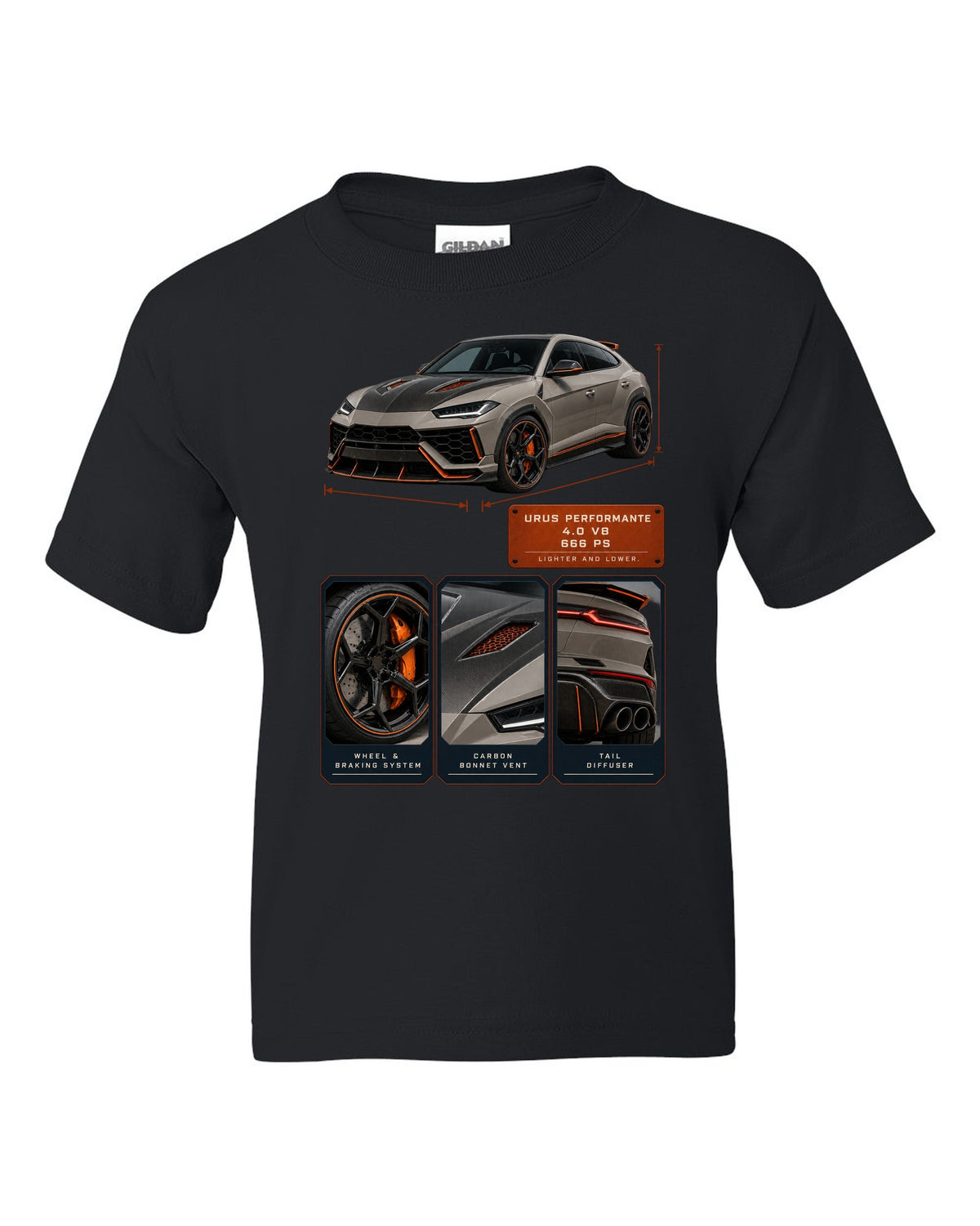 Dossier panel print of the Lamborghini Urus Performante black kids tee front view with the design