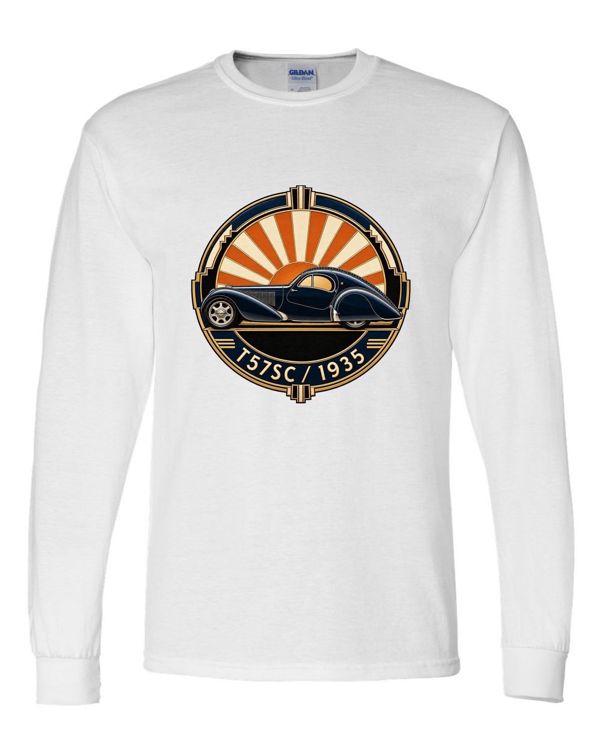 Art Deco crest design featuring the Bugatti Type 57SC Atlantic with T57SC 1935 lettering white long sleeve front view with the design