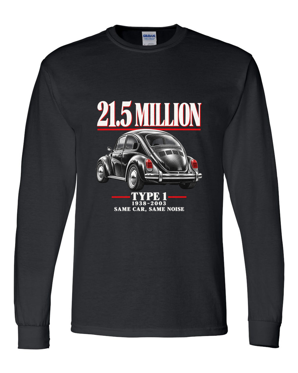 Editorial print of a VW Beetle Type 1 1303 Super Beetle three-quarter rear black long sleeve front view with the design