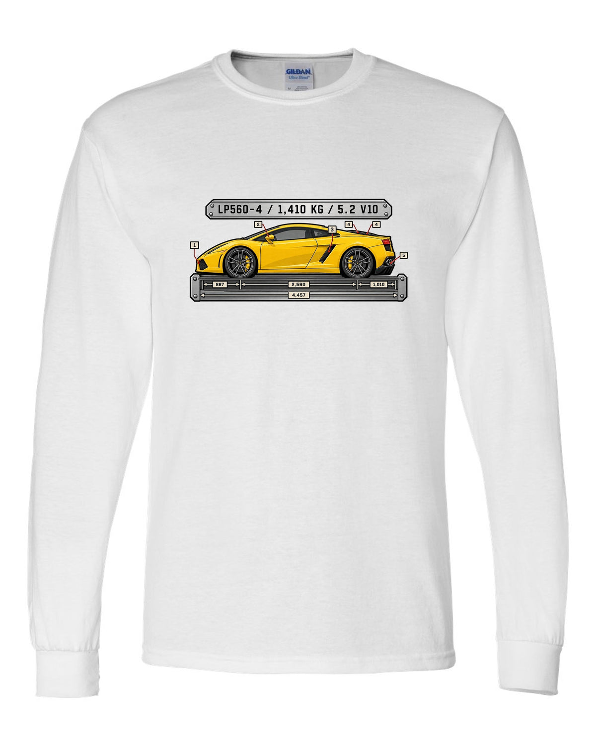 Spec-sheet data plate design for a Lamborghini Gallardo LP560-4 with weight and engine text white long sleeve front view with the design