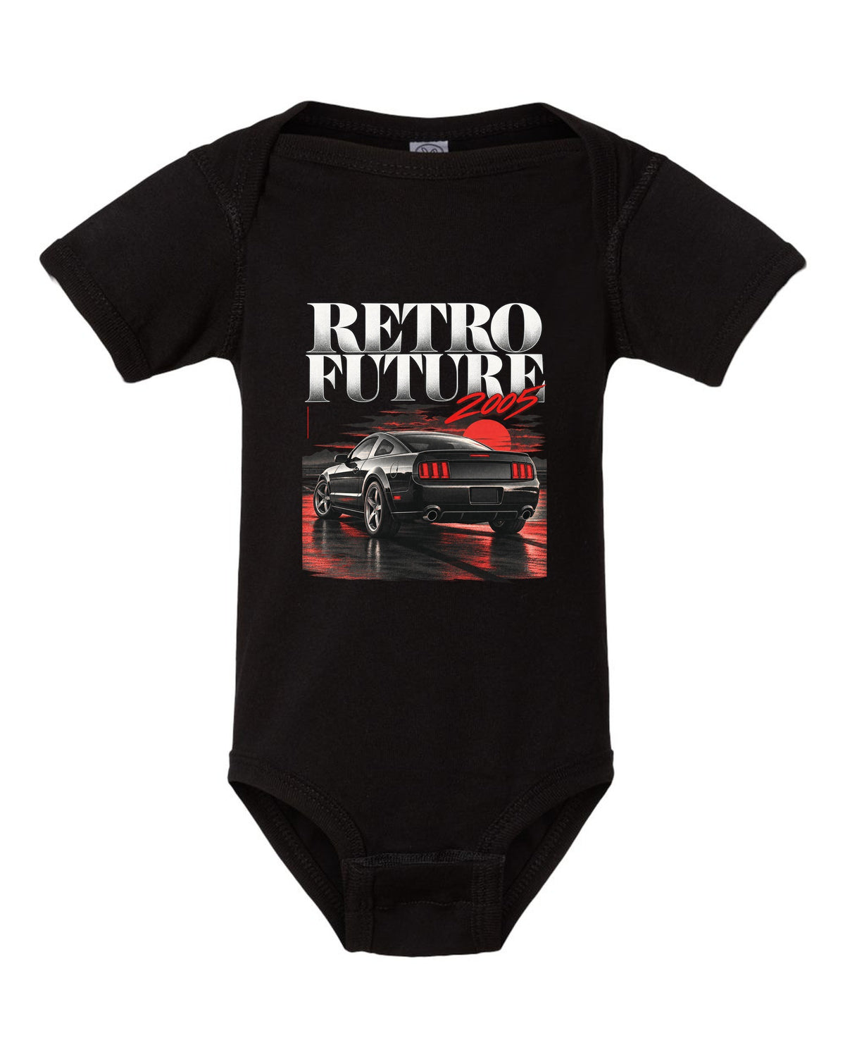 Editorial headline print of a 2005-09 Ford Mustang S197 GT fastback black baby onesie front view with the design