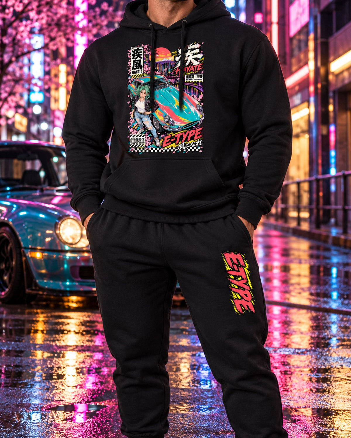 Etype Hayate Anime Girl Poster Hoodie + Jogger Set Black worn hero
