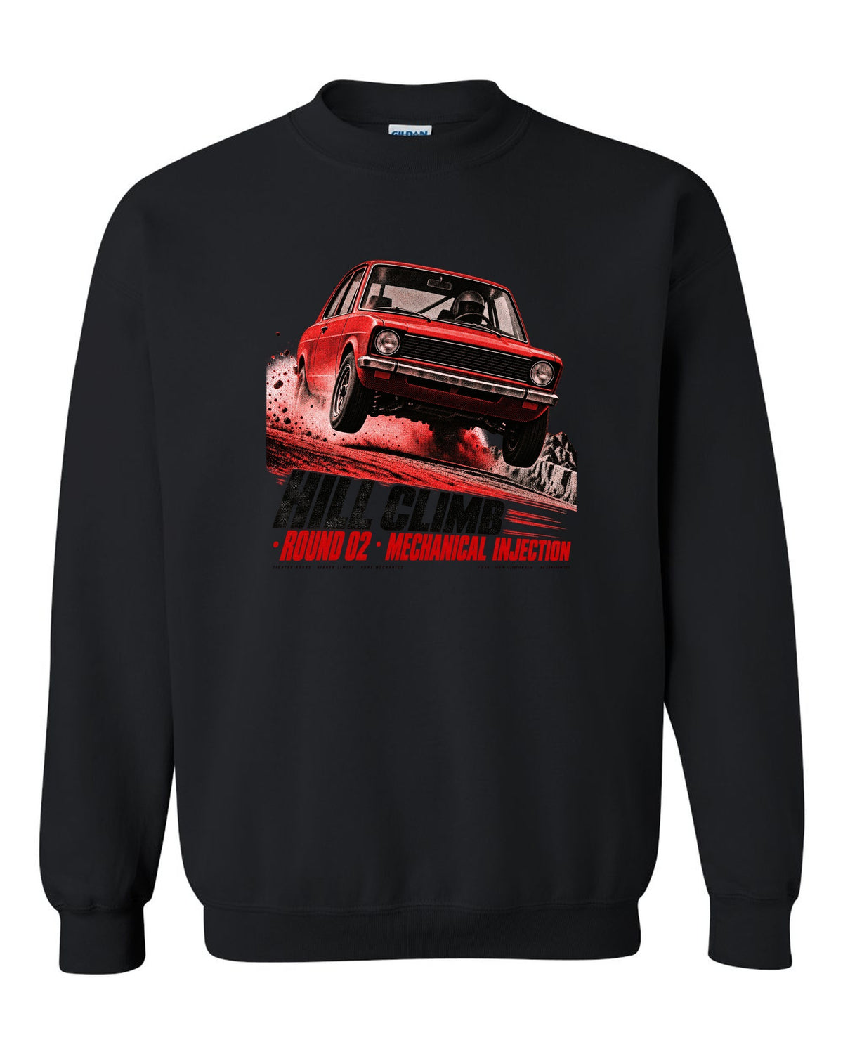 BMW 2002 tii hill climb race poster print with mechanical injection text black crewneck front view with the design