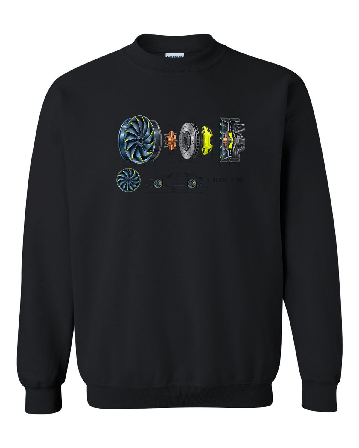 Porsche Taycan Turbo S 9J1 turbine wheel engineering schematic print with the text Turbo S 761 black crewneck front view with the design