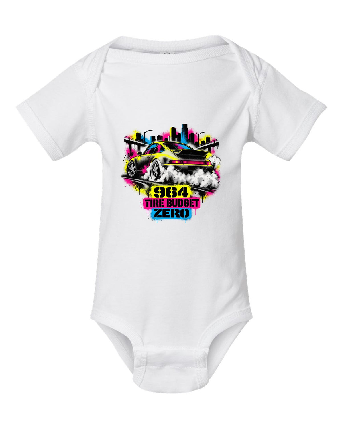 Street-art stencil print of a Porsche 911 Carrera 4 964 with the text 964, tire budget, zero white baby onesie front view with the design