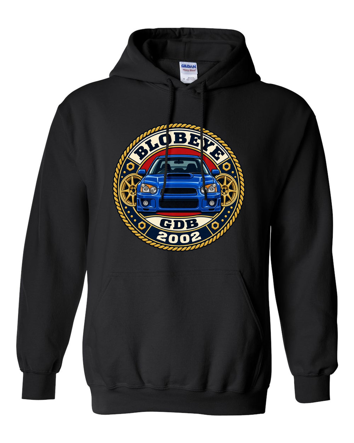 Subaru Impreza WRX GDB Blobeye round varsity crest print, BLOBEYE / GDB / 2002 black pull over hoodie front view with the design