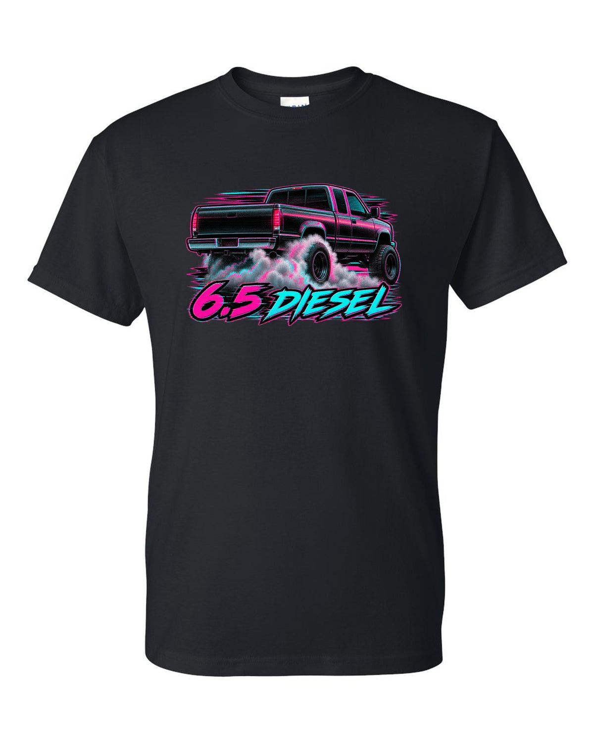 VHS glitch burnout print of a 1988-1998 Chevrolet GMT400 C2500 with 6.5 Diesel text black t-shirt front view with the design