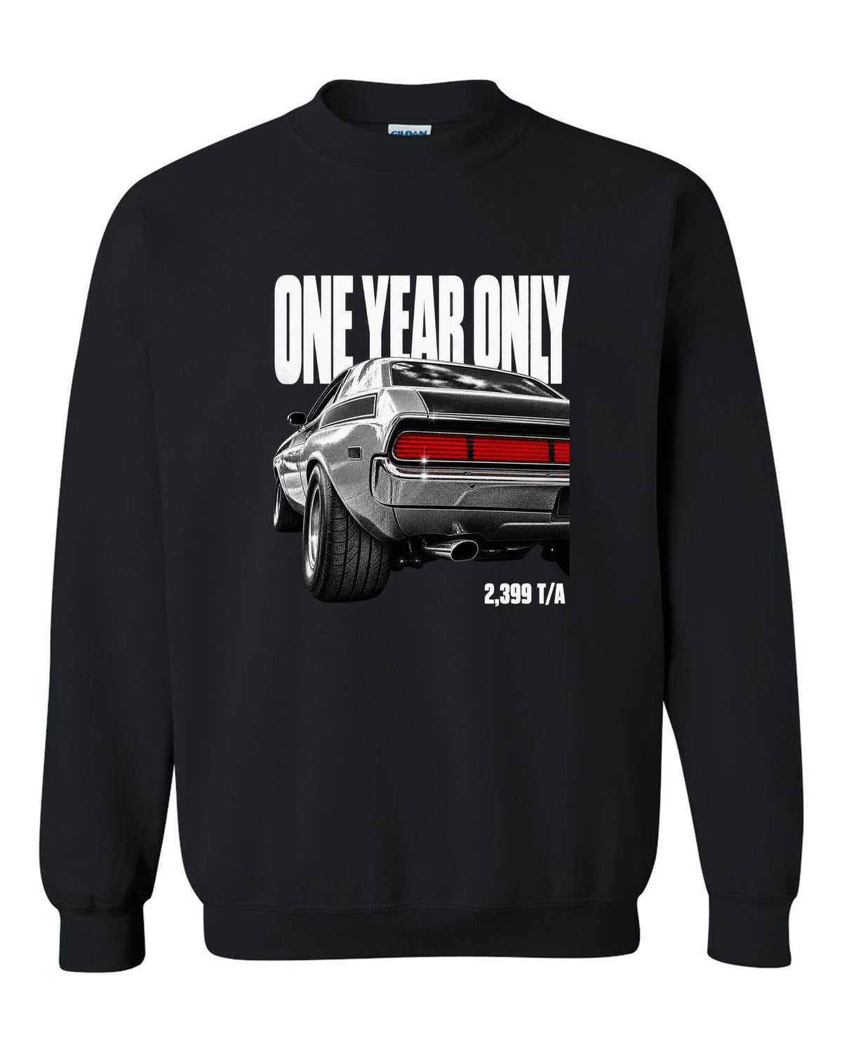 Taillight macro print of a 1970 Dodge Challenger T/A with one year only 2,399 T/A text black crewneck front view with the design