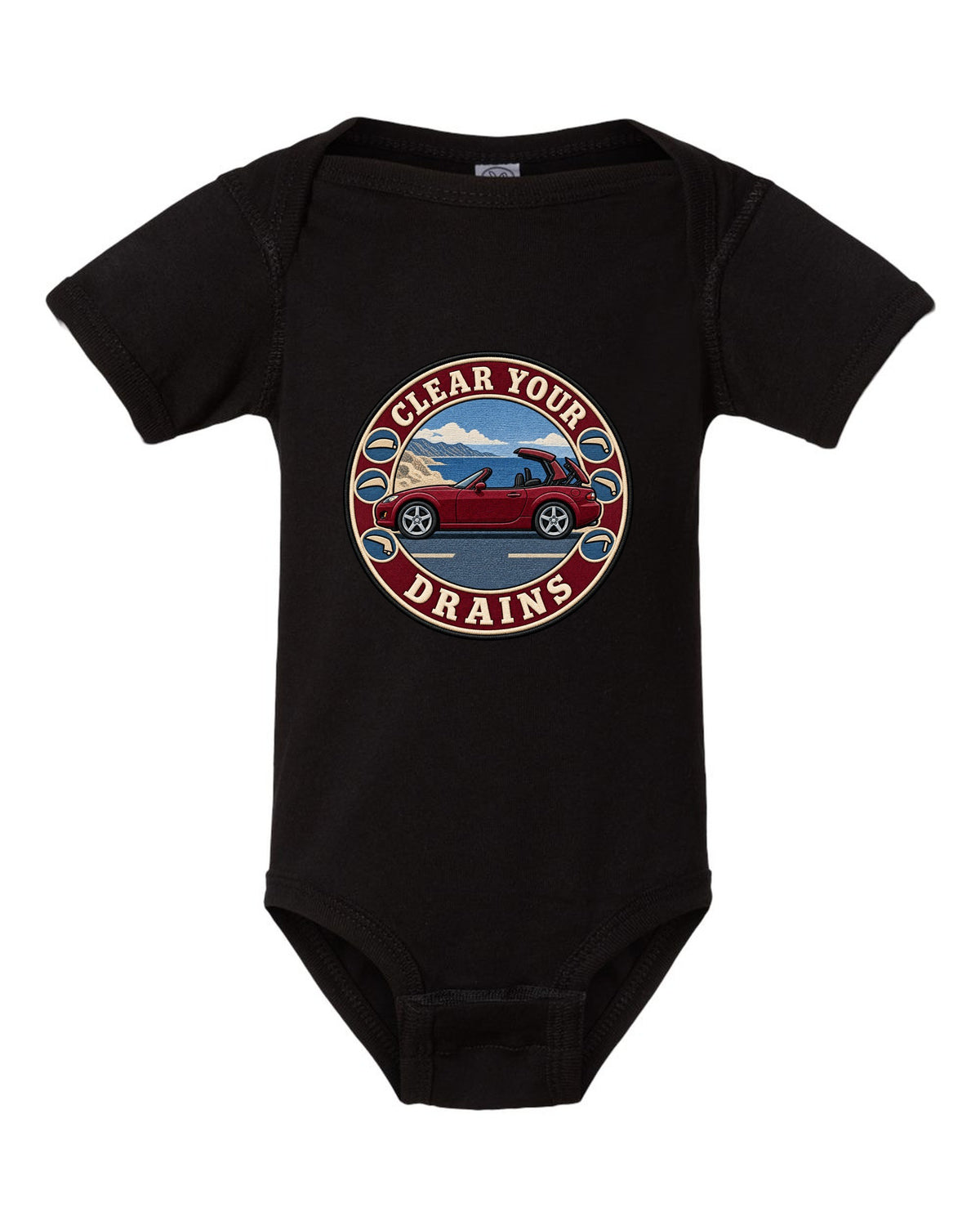 Embroidery-style roundel crest of a Mazda MX-5 NC with clear your drains text black baby onesie front view with the design