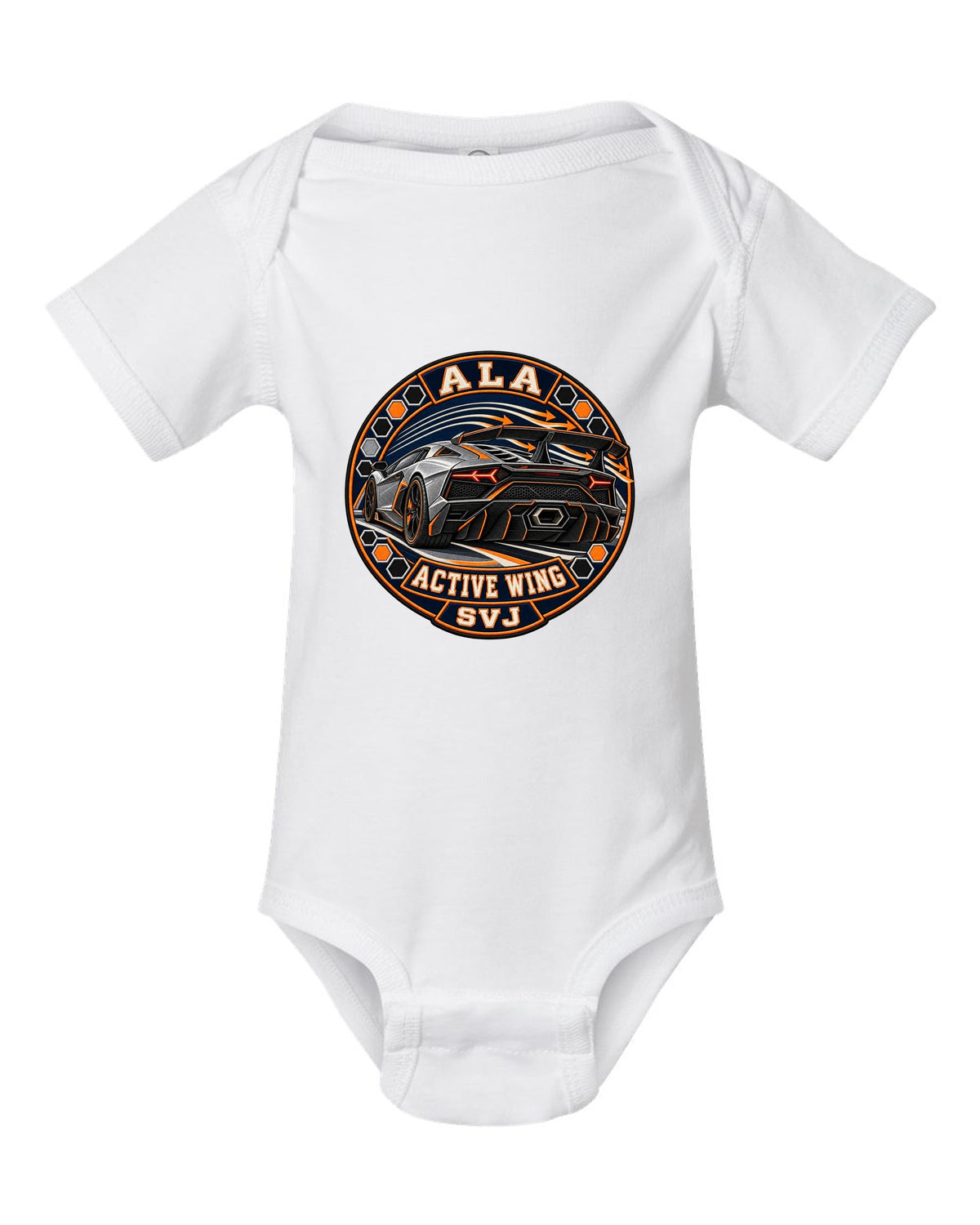 Embroidery-style round crest of a Lamborghini Aventador SVJ LP770-4 with text ALA / ACTIVE WING / SVJ white baby onesie front view with the design