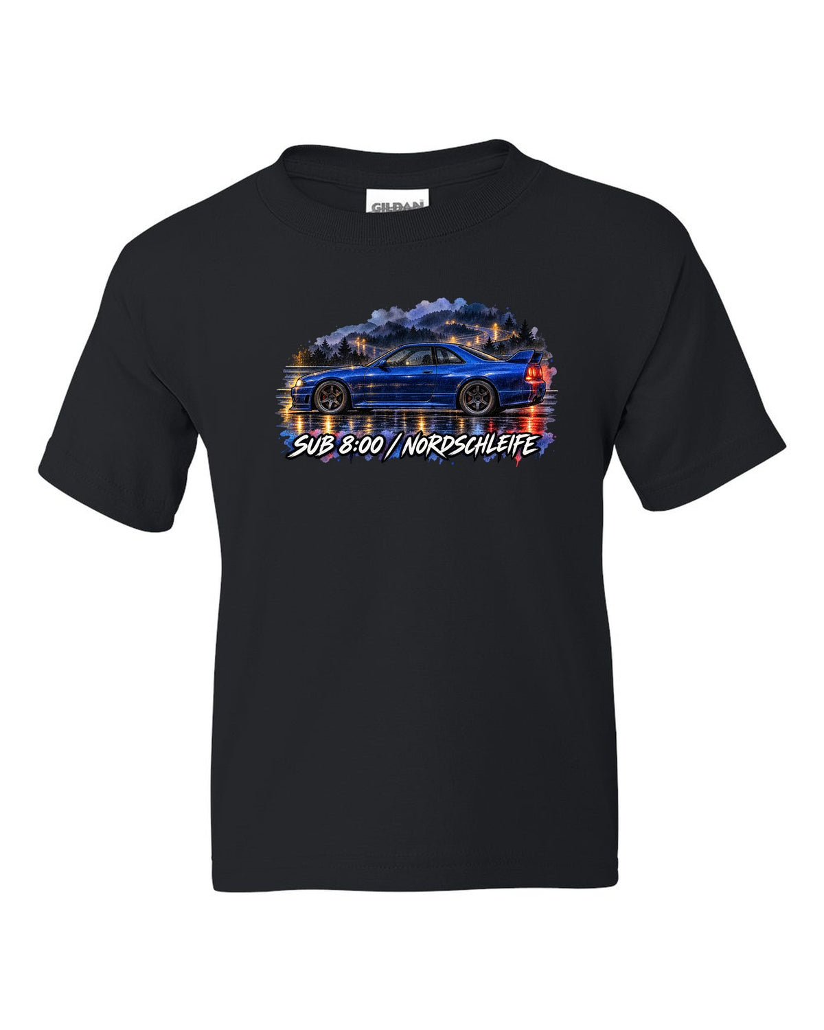 Watercolour wet-road night print of a Champion Blue Nissan Skyline GT-R R33 BCNR33 black kids tee front view with the design