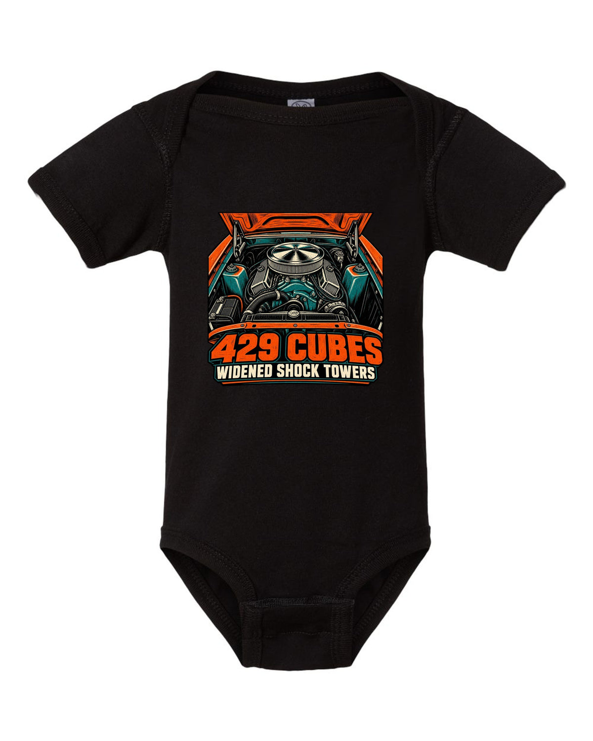 Woodcut linocut print of a 1969-70 Ford Mustang 429 engine bay black baby onesie front view with the design