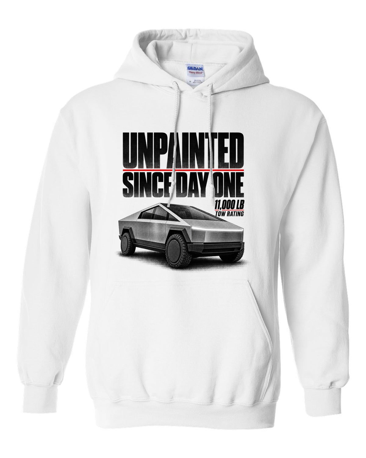 Halftone Tesla Cybertruck 2023 with unpainted since day one and 11,000 lb tow rating text white pull over hoodie front view with the design