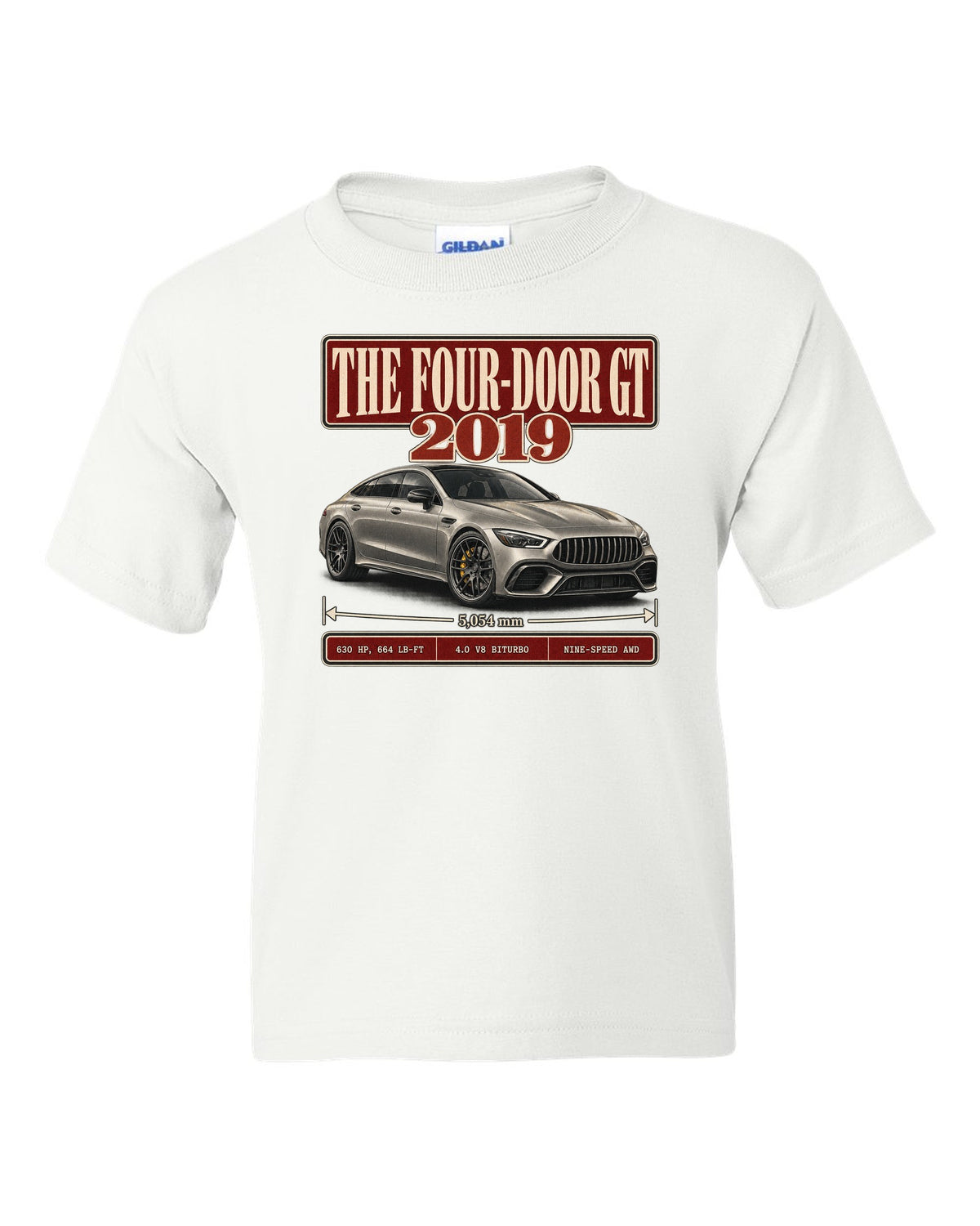 Mercedes-AMG GT 63 S 2019 archive panel design in warm silver-grey white kids tee front view with the design