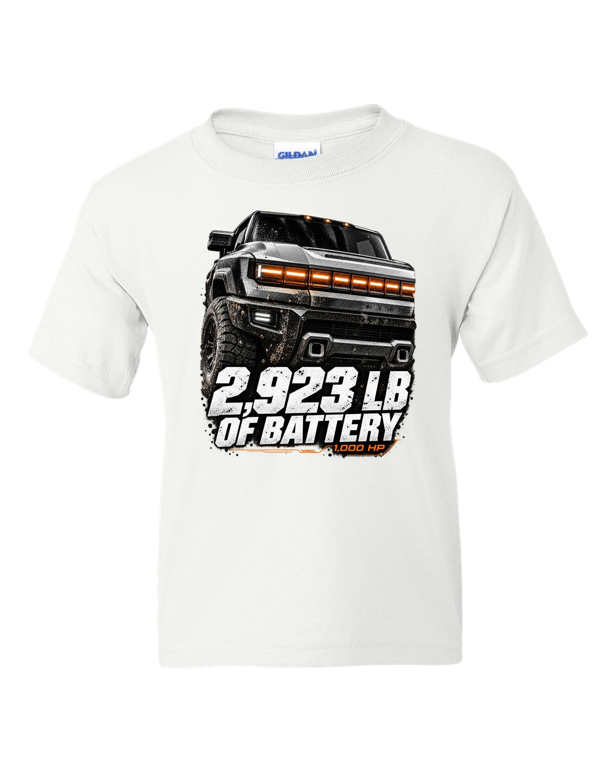 GMC Hummer EV pickup lit front panel macro with battery weight text white kids tee front view with the design