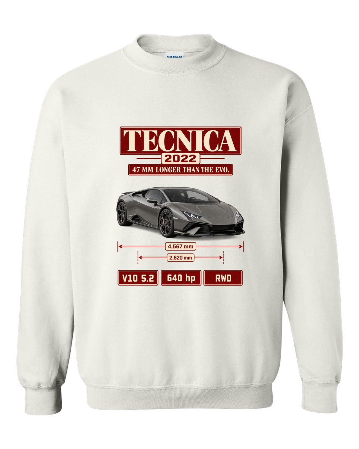 Archive panel print of the Lamborghini Huracan Tecnica white crewneck front view with the design