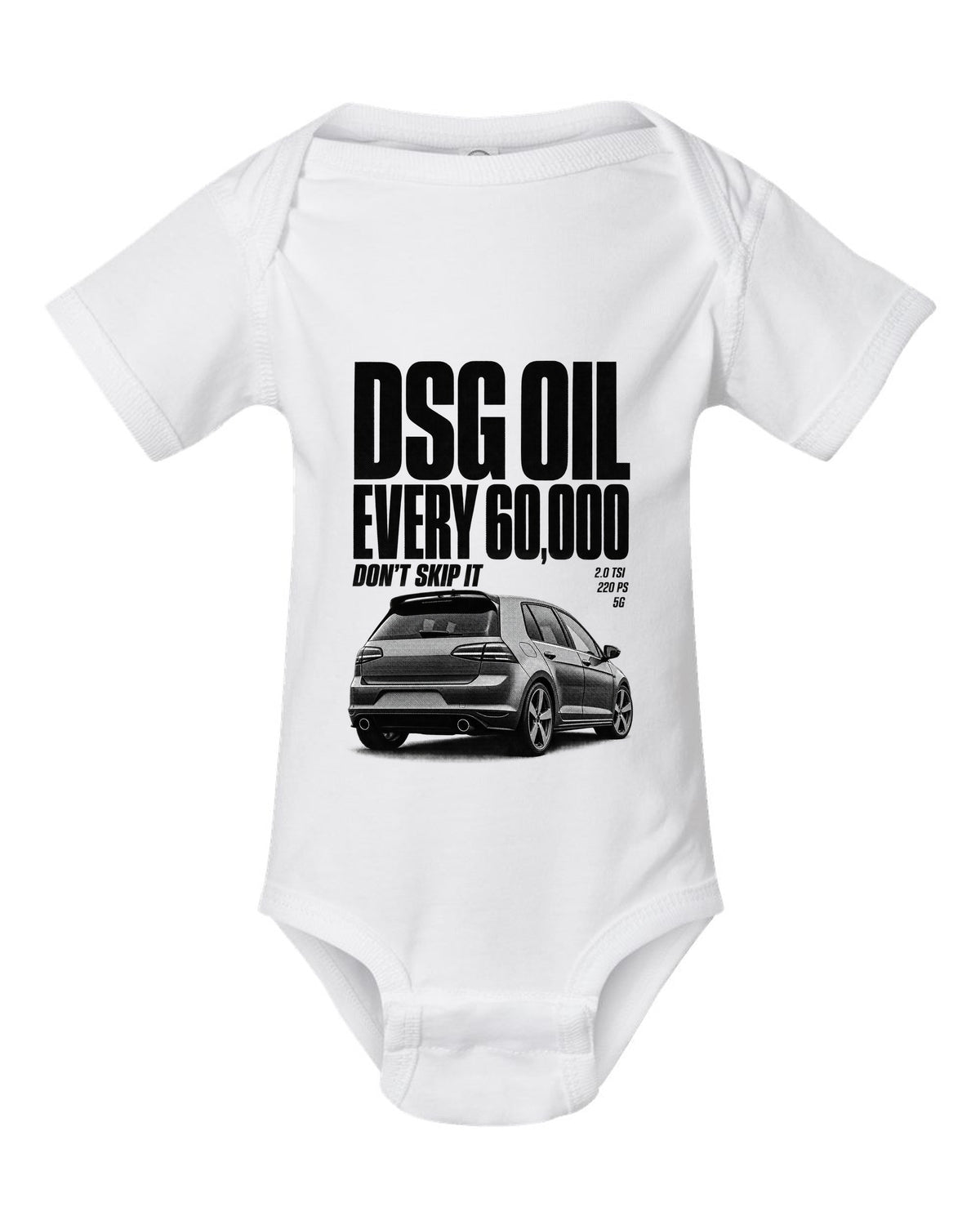 Halftone print of a VW Golf Mk7 GTI rear three-quarter with DSG oil service reminder text white baby onesie front view with the design