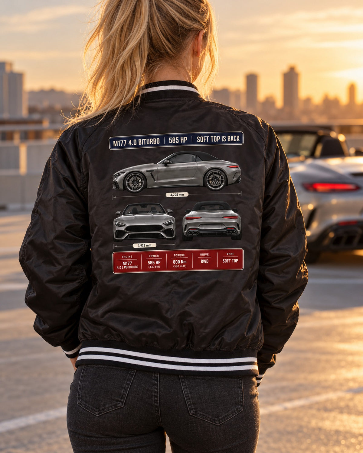 Mercedes-AMG SL63 R232 Three-View Spec Shirt, Car Guy Gift Bomber Jacket Black worn hero