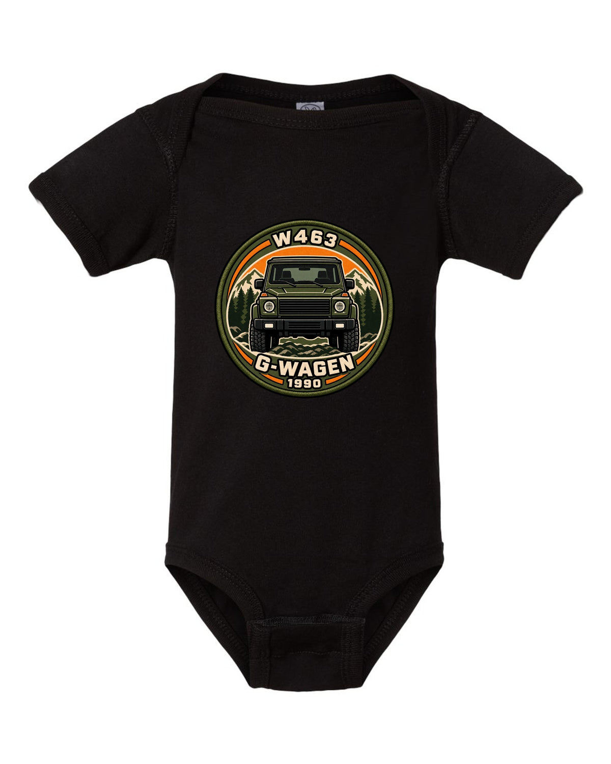 Varsity crest graphic reading W463 G-Wagen 1990 for the Mercedes G-Class, print black baby onesie front view with the design
