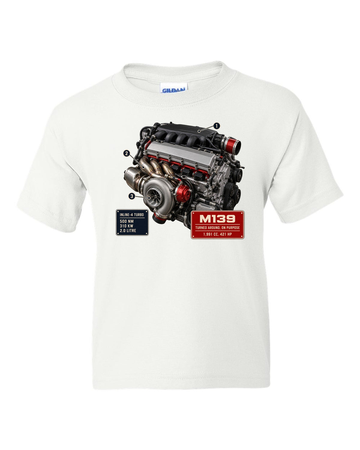 Mercedes-AMG M139 2.0 litre turbo four engine hero print white kids tee front view with the design