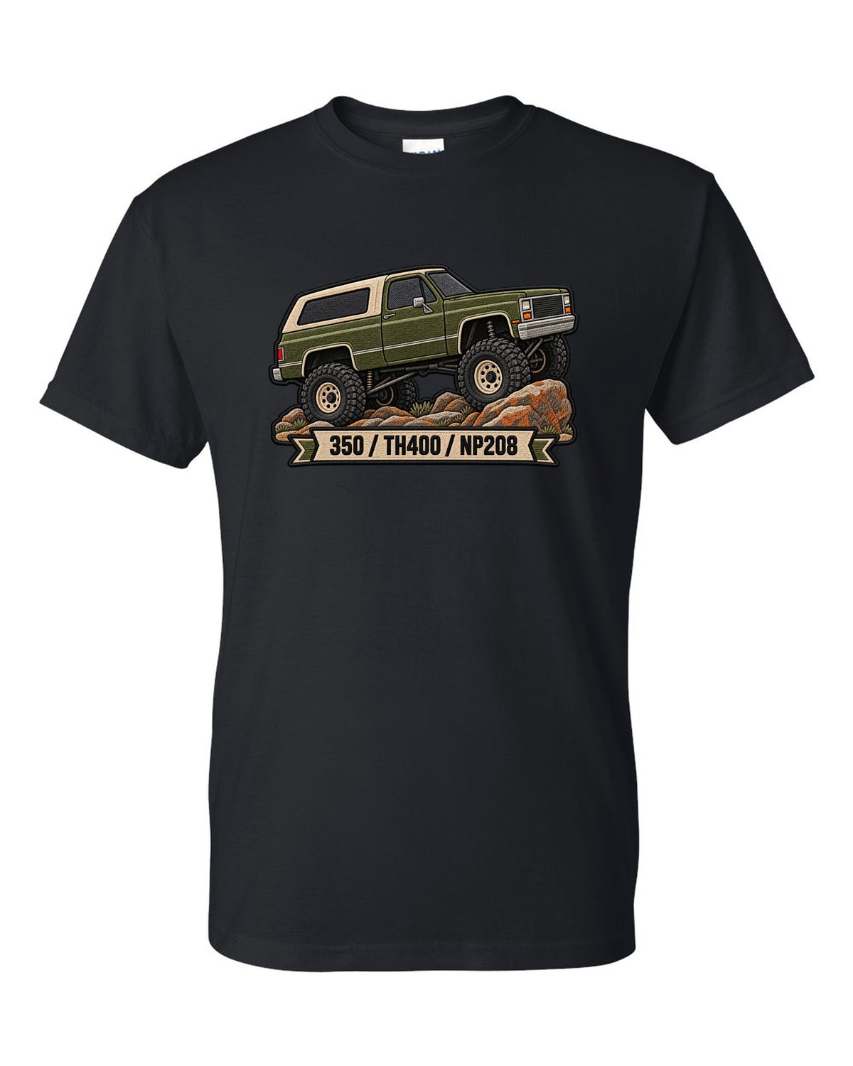 Embroidered patch style design of a 1973-91 Chevrolet K5 Blazer with 350, TH400, NP208 text black t-shirt front view with the design